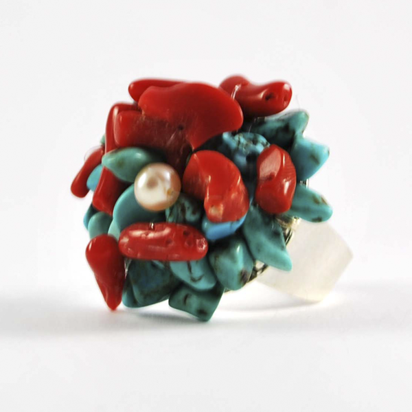 anillo coral y plata