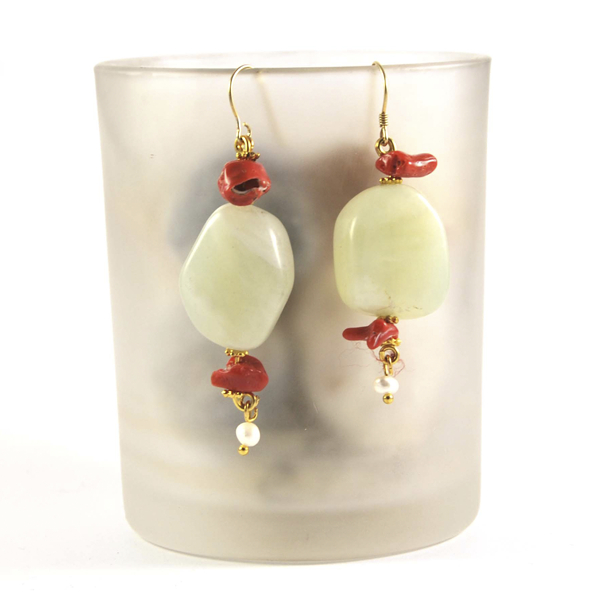 pendientes jade, coral, perla y plata